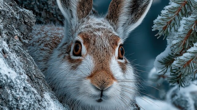 Close-up of a hare in winter