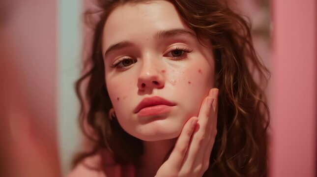 Wavy hair pensive girl shows light skin and facial acne while resting her chin on her hand in soft pink lighting