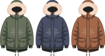 Warm Winter Parka Jackets Collection with Fur Hoods, Ideal for Cold Weather Outerwear and Outdoor Apparel Design, Various Colors. © Su Joy Creatives