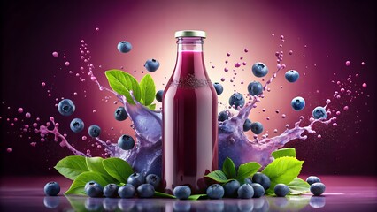 A bottle of blueberry juice with splashing liquid and fresh berries