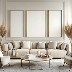 A modern living room boasts three golden-framed blank posters above a cream sofa, chairs, and a marble coffee table.
