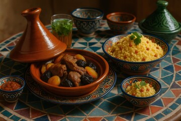 Delicious Moroccan tagine with tender lamb, dried apricots, prunes, and fluffy couscous, served in colorful ceramic dishes on a vibrant mosaic table, creating a feast for the senses