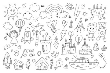 Happy doodle collection with sun rainbow and toys clouds