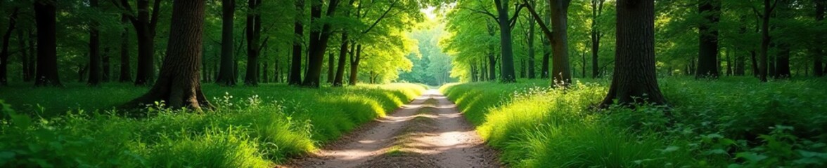 Fototapeta premium Sun-Dappled Path Winding Through Lush Green Forest An Adventurous Journey Awaits