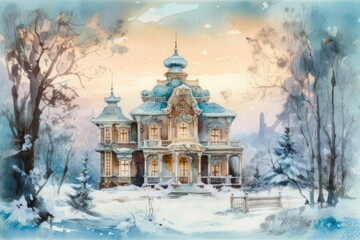Obraz premium Watercolor illustration of a winter landscape with an elegant fairy-tale mansion in the Russian style. 