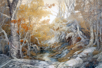 A fabulous forest landscape in autumn tones, made in the style of digital painting with fantasy elements 