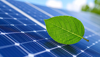 Solar Power and Eco-Friendly Symbol: A close-up shot featuring solar panel cell with a vibrant green leaf delicately placed on its surface, which represents sustainability and green energy.
