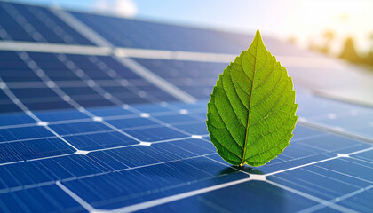 Eco-Friendly Energy: A vibrant leaf rests on a solar panel, symbolizing renewable energy and sustainable solutions against a bright sky