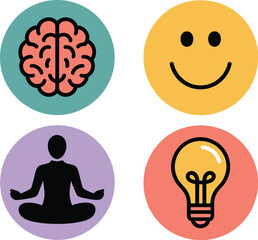 A set of four icons depicting a brain, smiley face, meditating person and lightbulb