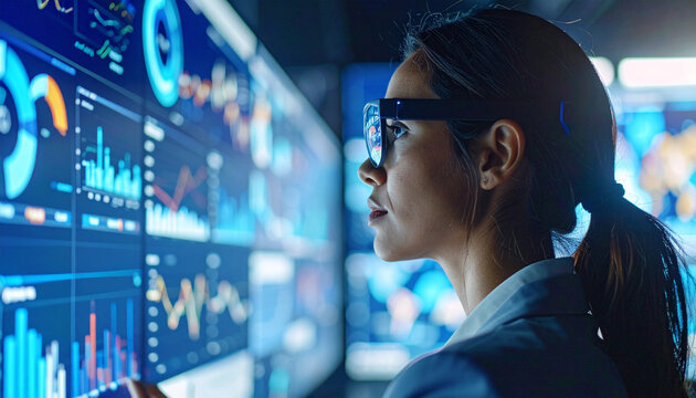 Data Analyst at Work: A focused female data analyst intently studies complex data visualizations displayed on a large screen, showcasing her dedication and expertise in data analysis. - Powered by Adobe