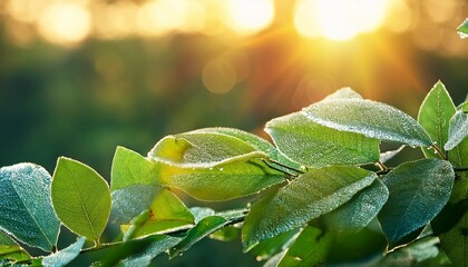dew covered leaves in morning light