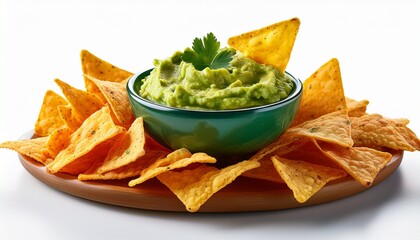 a vibrant guacamole dip nestled among crispy tortilla chips isolated on white or white background