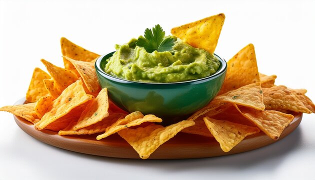 a vibrant guacamole dip nestled among crispy tortilla chips isolated on white or white background