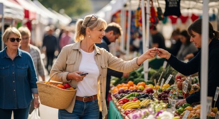 Beautiful white woman shopping at an open air Farmers Market, Fresh Food, Fresh Fruit and Vegetables, Hand made crafts