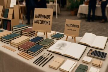Table displaying various sizes of handmade notebooks and sketchbooks, pencils, and brushes at a crafts market, promoting creativity and craftsmanship