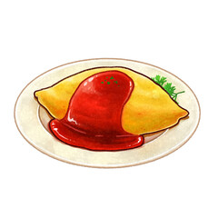 皿に乗ったオムライスの手描きイラスト