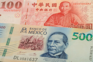 100 New Taiwan dollar and 500 Mexican peso banknotes. International trade concept