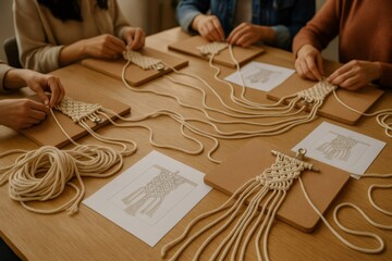 Students working on macrame project using beige threads and cork boards during a fiber art class