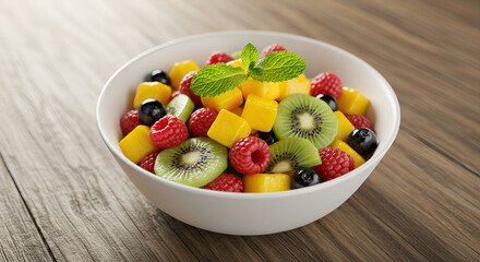 Tropical Fruit Salad in a Bowl: a vibrant fruit salad featuring juicy mangoes, kiwi, raspberries and blueberries, served in a white bowl. capturing the freshness of delicious and healthy snacks 