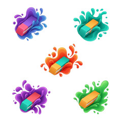 Collection of various colorful rubber erasers in cartoon splashes on transparent background. Back to school stationery.