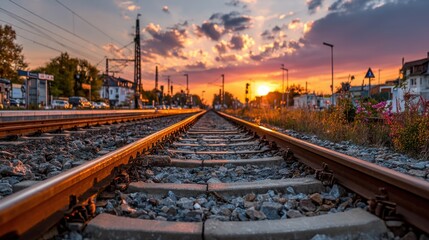 Golden light of sunset reflects off railway tracks in a quiet urban setting. Surrounding structures and nature blend harmoniously as day transitions to night.