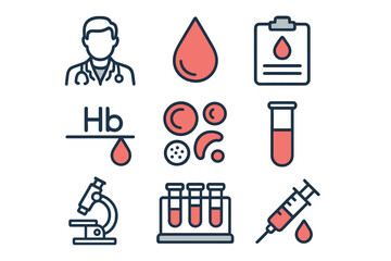 The Hematology icon set comprises a hematologist, blood, hemoglobin, cells, and various other icons, all in editable vector stroke format