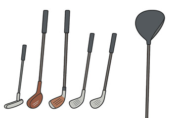 A set of golf clubs includes a putter, wood, iron, wedge, driver, and hybrid, which are essential sports equipment for golfers