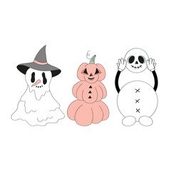 Retro Halloween Christmas Fusion Vector Illustration set of Melting Sheet Ghost Snowman in Witch Hat, Pumpkin Snowman, Detached Head Snowman with Hollow Eyes. Perfect for spooky holiday cards, themed