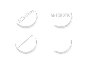 Circular white medicinal pills, including aspirin, antibiotics, and painkillers, along with pain treatment pills and pharmaceutical drugs, are represented in a vector set