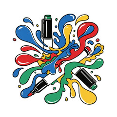 Colorful markers with paint splashes. School supplies and art tools. Bright illustration for back to school concept on transparent background.