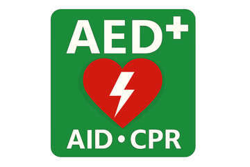 A vector icon representing an AED is available, symbolizing an emergency defibrillator or sign, also related to AED AID and CPR, as a green and red isolated icon for CPR
