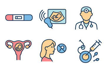A set of flat line icons for gynecology is available, including symbols for pregnancy tests, baby ultrasounds, obstetrics doctors, embryos in the uterus, infertility, and ivf vector illustrations