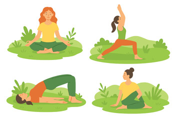Fototapeta premium Yoga exercises in natural settings promote relaxation and healthy living through outdoor fitness and wellness activities, as depicted in a flat vector illustration set of yoga poses