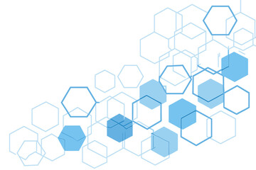 A background featuring geometric abstract patterns of blue hexagons represents a concept of computer networks, suitable for designs related to medical, technology, or science fields