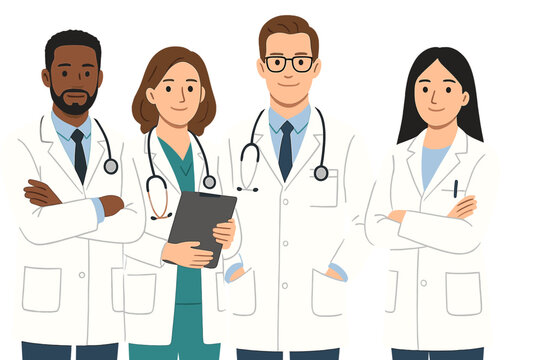 Vector illustration of a group of doctors from diverse ethnic backgrounds working together in isolation