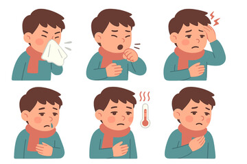 Illustration of a boy with flu and cold symptoms, depicted as a sick kid sneezing and coughing, suffering from influenza with a runny nose, headache, fever, sore throat, and illness, presented in a