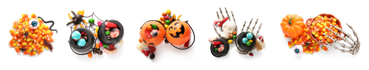 Set of Halloween candies and decorations on white background, top view