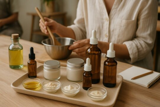 Woman mixing ingredients in a bowl, preparing homemade cosmetics using natural oils and other ingredients, with various jars and bottles arranged on a tray