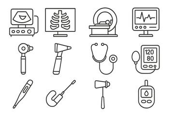 Medical diagnostic equipment icons are available as a thin vector icon set in black and white