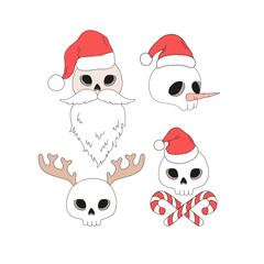 Retro Whimsical Spooky Santa Skull, Snowman Skull, Reindeer Antler Skull, Jolly Roger Inspired Skull Halloween Christmas Fusion Vector Illustration Set isolated on white. Perfect for alternative
