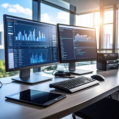 Modern office workspace with computers