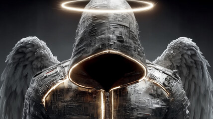 Stoic Seraph with Glowing Halo and Tattered Robe – Generative AI