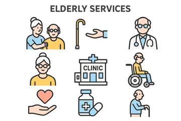 Services for the elderly include support and assistance with disabilities, targeting pensioners, the aged, and the disabled, with a focus on healthcare, medical care, and medicine, represented by