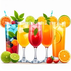 Assortment of Colorful Summer Cocktails with Ice and Fruit