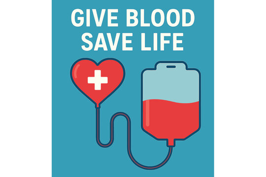 Vector illustration of a 'Give blood save life' poster features heart-shaped droppers with a white cross tied to another container filled with red liquid on a blue background in flat style
