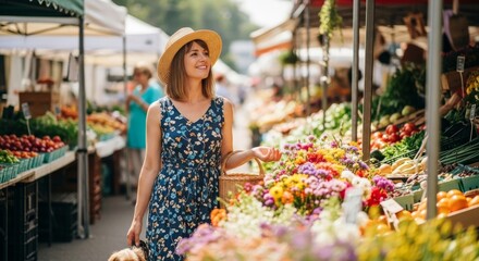 Beautiful white woman shopping at an open air Farmers Market, Fresh Food, Fresh Fruit and Vegetables, Hand made crafts