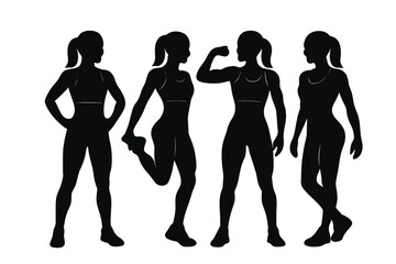 Vector illustration of a fitness girl posing, depicted as a black silhouette, isolated on a white background, showcasing sporty girls