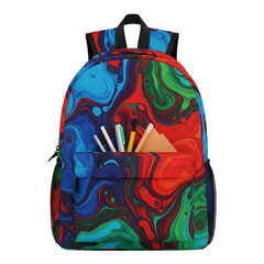 School backpack with a colorful abstract pattern and school supplies on transparent background for back to school concept.