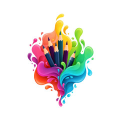 Group of colorful pencils and vibrant paint splashes on transparent background. Concept of art and creativity for back to school.