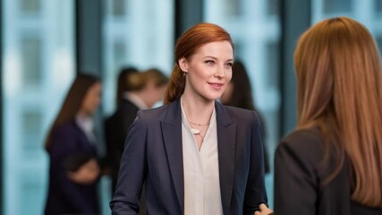 Businesswomen conversing during a corporate networking event showcasing connection and communication.